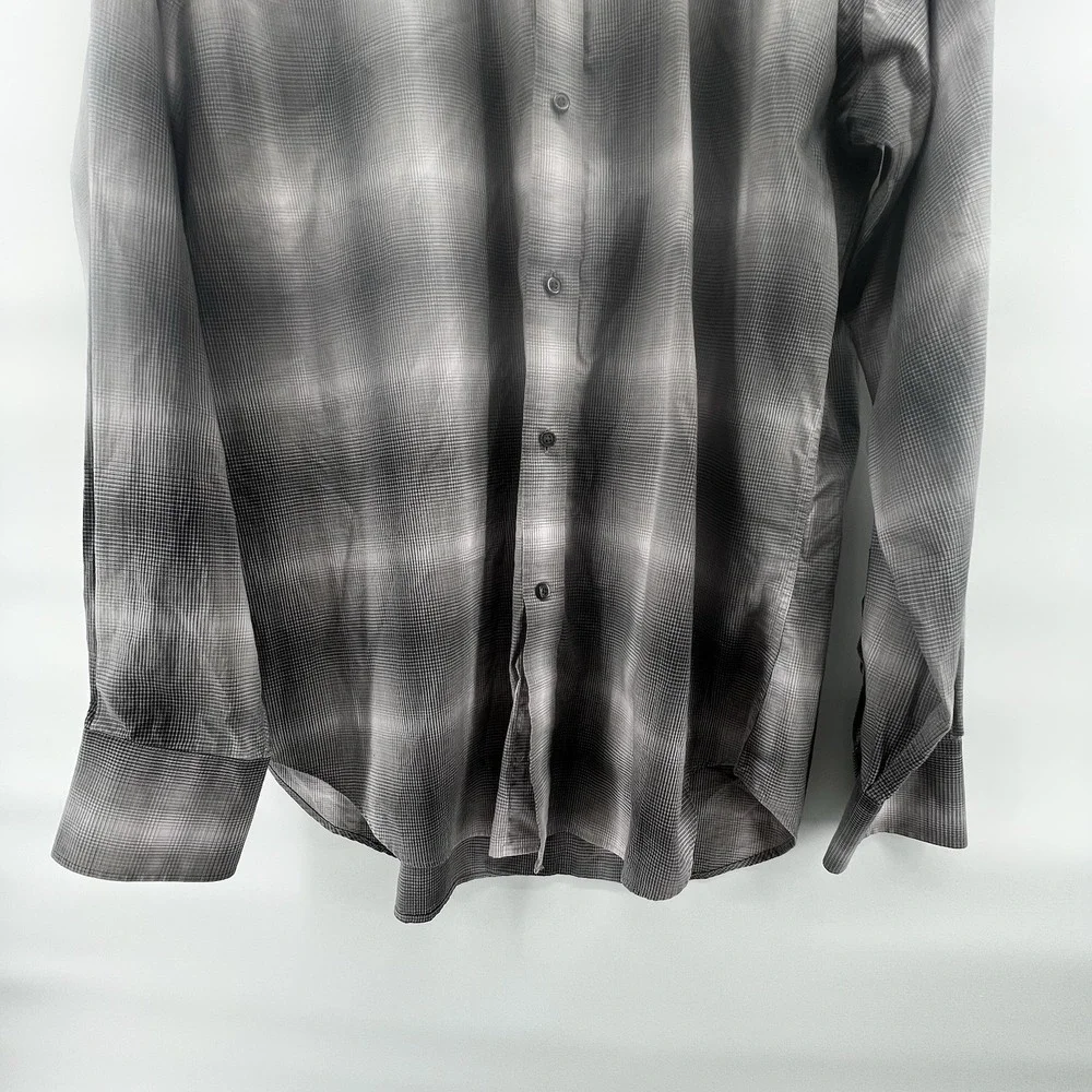 Thomas Dean Men's Shirt L Black Gray Gradient Plaid Long Sleeve Button Front‎